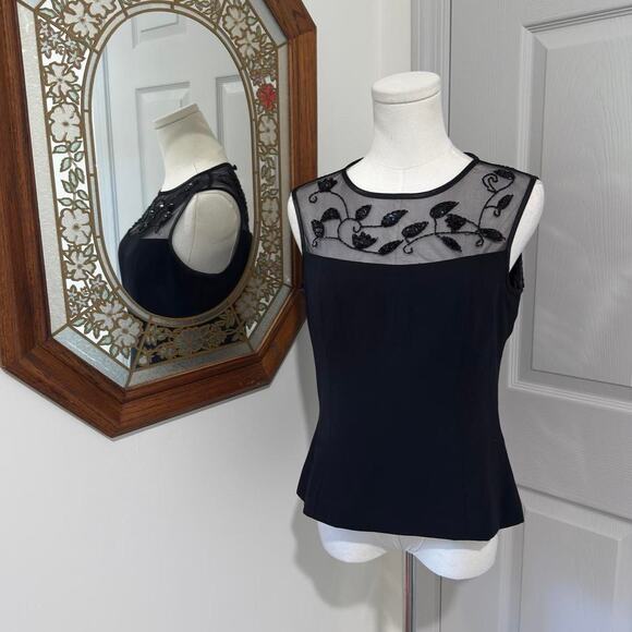 VTG 90s Jessica Howard Black Whimsical Floral Beaded Sequin Mesh Tank Top 6/S - Picture 1 of 8